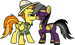 Size: 7000x4294 | Tagged: safe, alternate version, artist:icey-wicey-1517, artist:n0kkun, edit, character:daring do, character:spitfire, species:pegasus, species:pony, ship:daringfire, bedroom eyes, clothes swap, clothing, collaboration, color edit, colored, costume, eyes closed, female, goggles, hat, kissing, lesbian, mare, raised hoof, shadowbolts, shadowbolts costume, shipping, shirt, simple background, solo, transparent background