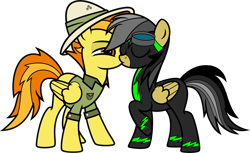 Size: 7000x4294 | Tagged: safe, alternate version, artist:icey-wicey-1517, artist:n0kkun, edit, character:daring do, character:spitfire, species:pegasus, species:pony, ship:daringfire, episode:the washouts, g4, my little pony: friendship is magic, bedroom eyes, clothes swap, clothing, collaboration, color edit, colored, eyes closed, female, goggles, hat, kissing, lesbian, mare, raised hoof, shipping, shirt, simple background, solo, transparent background, uniform, washouts uniform