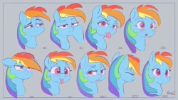 Size: 1280x720 | Tagged: safe, artist:auroriia, character:rainbow dash, species:pony, blep, blushing, bored, bust, expressions, eyes closed, female, looking at you, mare, mlem, multeity, portrait, silly, solo, tongue out