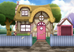 Size: 3000x2100 | Tagged: safe, artist:aarondrawsarts, architecture, background, building, carving, house, no pony, shed, tree