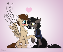 Size: 3640x2991 | Tagged: safe, artist:fenixdust, oc, oc:ivy, oc:skittle, species:pegasus, species:pony, species:unicorn, chest fluff, clothing, female, heart, hockless socks, holding hooves, hoof hold, jacket, looking at each other, male, mare, oc x oc, shipping, sitting, smiling, socks, stallion, straight