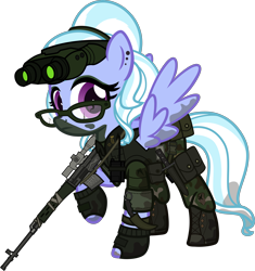 Size: 5000x5321 | Tagged: safe, artist:n0kkun, character:sugarcoat, species:pegasus, species:pony, belt, boots, camouflage, clothing, commission, dirt, dragunov, ear piercing, earring, equestria girls ponified, eyeshadow, female, fingerless gloves, glasses, gloves, goggles, gun, hairband, holster, jewelry, karambit, knife, makeup, mare, mercenary, mud, night vision goggles, pants, piercing, ponified, pouch, radio, raised hoof, rifle, shoes, simple background, sniper rifle, solo, transparent background, walkie talkie, weapon