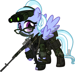 Size: 6000x5792 | Tagged: safe, artist:n0kkun, character:sugarcoat, species:pegasus, species:pony, belt, boots, camouflage, clothing, commission, dirt, dragunov, ear piercing, earring, equestria girls ponified, eyeshadow, female, fingerless gloves, glasses, gloves, goggles, gun, hairband, holster, jewelry, karambit, knife, makeup, mare, mercenary, mp5, mud, night vision goggles, pants, piercing, ponified, pouch, radio, raised hoof, rifle, shoes, simple background, sniper rifle, solo, submachinegun, transparent background, walkie talkie, weapon