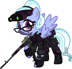 Size: 6000x5792 | Tagged: safe, alternate version, artist:n0kkun, character:sugarcoat, species:pegasus, species:pony, belt, boots, camouflage, clothing, commission, dirt, dragunov, ear piercing, earring, equestria girls ponified, eyeshadow, female, fingerless gloves, glasses, gloves, goggles, gun, hairband, holster, jewelry, karambit, knife, makeup, mare, mercenary, mp5, mud, night vision goggles, pants, piercing, ponified, pouch, radio, raised hoof, rifle, shoes, simple background, sniper rifle, solo, submachinegun, transparent background, walkie talkie, weapon