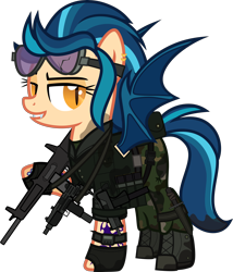 Size: 5000x5842 | Tagged: safe, artist:n0kkun, character:indigo zap, species:bat pony, species:pony, aa-12, bat ponified, belt, boots, camouflage, clothing, commission, dirt, ear piercing, earring, equestria girls ponified, fangs, female, fingerless gloves, gloves, goggles, grin, gun, jacket, jewelry, mac-10, mare, mercenary, mud, pants, piercing, ponified, pouch, race swap, shoes, shotgun, simple background, smiling, solo, submachinegun, tattoo, transparent background, uzi, vest, watch, weapon, wristwatch