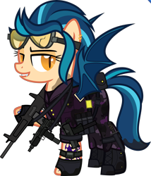 Size: 5000x5842 | Tagged: safe, alternate version, artist:n0kkun, character:indigo zap, species:bat pony, species:pony, aa-12, bat ponified, belt, boots, camouflage, clothing, commission, dirt, ear piercing, earring, equestria girls ponified, fangs, female, fingerless gloves, gloves, goggles, grin, gun, jacket, jewelry, mac-10, mare, mercenary, mud, pants, piercing, ponified, pouch, race swap, shoes, shotgun, simple background, smiling, solo, submachinegun, tattoo, transparent background, uzi, vest, watch, weapon, wristwatch