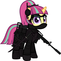 Size: 6000x5999 | Tagged: safe, artist:n0kkun, character:sour sweet, species:pony, species:unicorn, armor, assault rifle, belt, body armor, boots, clothing, commission, disguise, disguised changeling, ear piercing, earring, equestria girls ponified, eyeshadow, female, freckles, gloves, gun, handgun, headset, jacket, jewelry, katana, m4a1, makeup, mare, mask, mercenary, ninja, pants, piercing, pistol, ponified, pouch, rifle, shoes, simple background, smiling, smirk, solo, submachinegun, sword, transparent background, ump45, weapon