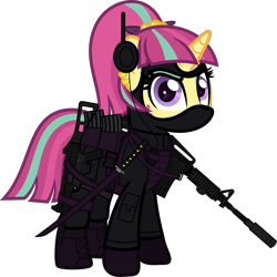 Size: 6000x5999 | Tagged: safe, alternate version, artist:n0kkun, character:sour sweet, species:pony, species:unicorn, armor, assault rifle, belt, body armor, boots, clothing, commission, disguise, disguised changeling, ear piercing, earring, equestria girls ponified, eyeshadow, female, freckles, gloves, gun, handgun, headset, jacket, jewelry, katana, m4a1, makeup, mare, mask, mercenary, ninja, pants, piercing, pistol, ponified, pouch, rifle, shoes, simple background, smiling, smirk, solo, submachinegun, sword, transparent background, ump45, weapon