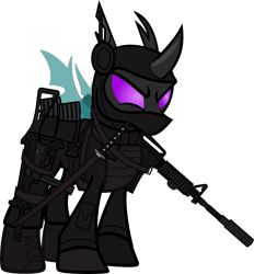 Size: 6000x6458 | Tagged: safe, alternate version, artist:n0kkun, character:sour sweet, species:changeling, species:pony, armor, assault rifle, belt, body armor, boots, changelingified, clothing, commission, disguise, equestria girls ponified, female, freckles, gloves, gun, handgun, headset, jacket, katana, m4a1, mare, mask, mercenary, ninja, pants, piercing, pistol, ponified, pouch, rifle, shoes, simple background, smiling, smirk, solo, species swap, submachinegun, sword, transparent background, ump45, weapon