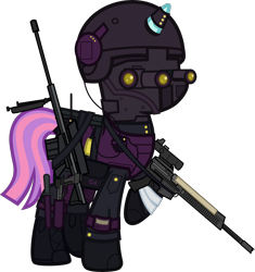 Size: 6000x6385 | Tagged: safe, alternate version, artist:n0kkun, character:sunny flare, species:pony, species:unicorn, ar-57, armor, assault rifle, auto-9, bag, bandage, belt, boots, c4, clothing, cobra assault cannon, commission, equestria girls ponified, female, gloves, goggles, gun, handgun, headset, helmet, knee pads, knife, mare, mask, mercenary, night vision goggles, pants, pistol, ponified, radio, raised hoof, rifle, robocop, saddle bag, shoes, simple background, solo, transparent background, watch, weapon, wristwatch