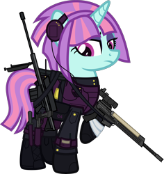 Size: 6000x6355 | Tagged: safe, alternate version, artist:n0kkun, character:sunny flare, species:pony, species:unicorn, ar-57, armor, assault rifle, auto-9, bag, bandage, belt, boots, c4, clothing, cobra assault cannon, commission, equestria girls ponified, eyeshadow, female, gloves, goggles, gun, handgun, headset, helmet, knee pads, knife, makeup, mare, mercenary, pants, pistol, ponified, radio, raised hoof, rifle, robocop, saddle bag, shoes, simple background, solo, transparent background, watch, weapon, wristwatch