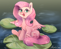 Size: 2500x2000 | Tagged: safe, artist:buttersprinkle, character:fluttershy, species:pegasus, species:pony, chest fluff, cute, dawwww, female, high res, lake, lily pad, open mouth, pond, shyabetes, sitting, solo, tiny, tiny ponies