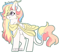 Size: 627x554 | Tagged: safe, artist:liefsong, oc, oc only, oc:rainbow dreams, species:pegasus, species:pony, cute, eye clipping through hair, female, horn, leonine tail, ribbon, simple background, solo, transparent background, two toned wings, wings