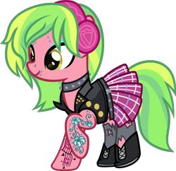 Size: 6000x5816 | Tagged: safe, artist:n0kkun, character:lemon zest, species:earth pony, species:pony, belt, boots, choker, clothing, commission, ear piercing, earring, equestria girls ponified, eyebrow piercing, eyeshadow, female, headphones, jacket, jewelry, leather jacket, lip piercing, makeup, mare, nose piercing, piercing, ponified, raised hoof, shoes, simple background, skirt, socks, solo, spiked choker, stockings, tattoo, thigh highs, torn clothes, transparent background