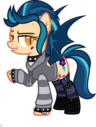Size: 5000x6606 | Tagged: safe, artist:n0kkun, character:indigo zap, species:bat pony, species:pony, bat ponified, bedroom eyes, boots, choker, clothing, commission, ear piercing, earring, equestria girls ponified, eyebrow piercing, fangs, female, grin, hoodie, jewelry, mare, piercing, ponified, race swap, raised hoof, shoes, simple background, smiling, socks, solo, spiked choker, spiked wristband, striped socks, tattoo, transparent background, wristband