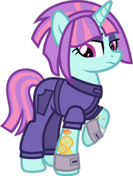 Size: 5000x6606 | Tagged: safe, artist:n0kkun, character:sunny flare, species:pony, species:unicorn, clothing, commission, equestria girls ponified, eyeshadow, female, jumpsuit, makeup, mare, ponified, raised hoof, simple background, solo, sunny flare's wrist devices, tattoo, transparent background