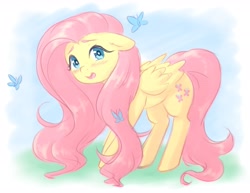 Size: 3141x2427 | Tagged: safe, artist:fluffymaiden, character:fluttershy, species:pegasus, species:pony, blushing, butterfly, cute, female, floppy ears, folded wings, high res, looking at you, mare, open mouth, shyabetes, solo, standing, wings