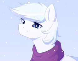 Size: 3809x3000 | Tagged: safe, artist:fluffymaiden, character:double diamond, species:earth pony, species:pony, blue background, bust, clothing, cute, double dawwmond, high res, looking at you, male, portrait, scarf, simple background, smiling, snow, solo, stallion, winter