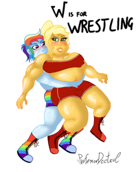 Size: 800x1011 | Tagged: safe, artist:professordoctorc, character:applejack, character:rainbow dash, my little pony:equestria girls, blushing, boots, breasts, busty applejack, clothing, fat, muscles, shoes, shorts, simple background, sports, strong fat, thick, thighs, thunder thighs, white background, wrestling