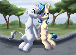Size: 2500x1800 | Tagged: safe, artist:shido-tara, oc, oc only, oc:blake, oc:ravebounce, species:earth pony, species:griffon, species:pony, commission, earth pony oc, grass, looking at each other, love, shipping, sitting, smiling, ych result