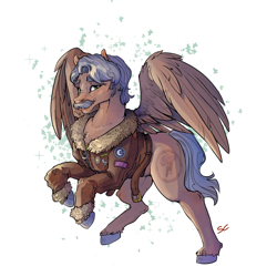 Size: 1772x1772 | Tagged: safe, artist:sourcherry, oc, oc only, oc:radar, species:pegasus, species:pony, fallout equestria, clothing, dashite, facial hair, jacket, looking at you, male, moustache, patch, simple background, solo, spread wings, stallion, wings