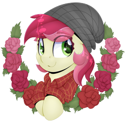 Size: 3813x3696 | Tagged: safe, artist:partylikeanartist, character:roseluck, species:earth pony, species:pony, absurd resolution, alternate design, beanie, clothing, eye clipping through hair, eyebrows, eyebrows visible through hair, female, flannel, flannel shirt, flower, hat, looking away, lumberjack, rose, simple background, smiling, solo, transparent background, wingding eyes, wreath
