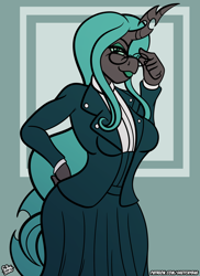 Size: 1200x1650 | Tagged: safe, artist:sketchybug, character:queen chrysalis, species:anthro, species:changeling, clothing, cosplay, costume, danganronpa, danganronpa v3, eyeshadow, glasses, hand on hip, lipstick, looking at you, makeup, school uniform, tsumugi shirogane