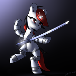 Size: 2400x2400 | Tagged: safe, artist:shido-tara, oc, oc only, oc:blackjack, species:pony, species:unicorn, fallout equestria, fallout equestria: project horizons, augmented, biohacking, cyber legs, cyborg, fanfic art, glowing horn, horn, magic, magic aura, simple background, small horn, staying, sword, telekinesis, weapon