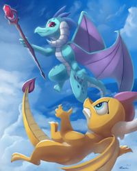 Size: 1600x2000 | Tagged: safe, artist:auroriia, artist:rocket-lawnchair, character:princess ember, character:smolder, species:dragon, bloodstone scepter, collaboration, dragon lord ember, dragoness, duo, female, flying, looking at each other, smiling