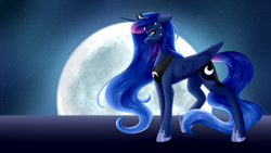 Size: 5760x3240 | Tagged: safe, artist:ohhoneybee, character:princess luna, species:alicorn, species:pony, absurd resolution, female, full moon, hoof shoes, jewelry, mare, moon, redraw, signature, solo