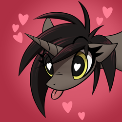 Size: 3600x3589 | Tagged: safe, artist:fenixdust, oc, oc:ivy, species:pony, species:unicorn, blep, bust, female, floppy ears, gradient background, heart, heart eyes, looking at you, mare, red background, simple background, solo, tongue out, wingding eyes