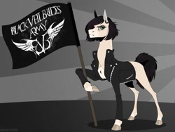 Size: 800x600 | Tagged: safe, artist:dementra369, oc, species:earth pony, species:pony, black veil brides, clothing, flag, looking at you, monochrome, ponified, solo