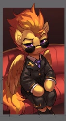Size: 1207x2215 | Tagged: safe, artist:luciferamon, character:spitfire, species:pegasus, species:pony, clothing, ear fluff, female, looking at you, mare, military uniform, sitting, solo, sunglasses, uniform