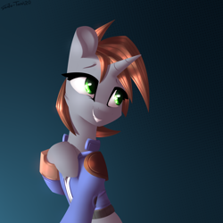 Size: 2300x2300 | Tagged: safe, artist:shido-tara, oc, oc only, oc:littlepip, species:pony, species:unicorn, fallout equestria, clothing, fanfic, fanfic art, female, grin, hooves, horn, mare, pipbuck, simple background, smiling, solo, vault suit