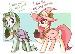 Size: 1280x920 | Tagged: safe, artist:cloud-fly, oc, oc only, species:earth pony, species:pony, abstract background, cactus, clothing, commission, dialogue, duo, female, hat, mare, simple background, transparent background, witch hat, ych result