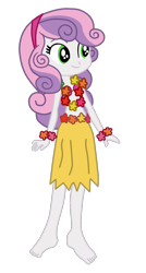 Size: 808x1508 | Tagged: safe, artist:gmaplay, base used, character:sweetie belle, my little pony:equestria girls, barefoot, beautiful, bikini, bikini top, clothing, cute, diasweetes, feet, female, flower, grass skirt, headband, hula, hulabelle, legs, lei, simple background, skirt, smiling, solo, swimsuit, transparent background, vector, wristband