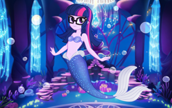 Size: 3776x2370 | Tagged: safe, artist:invisibleink, character:twilight sparkle, character:twilight sparkle (scitwi), species:eqg human, my little pony:equestria girls, bubble, female, glasses, mermaid, mermaid sci-twi, mermaidized, seashell bra, smiling, solo, species swap, tail, throne, underwater