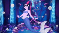 Size: 1920x1080 | Tagged: safe, artist:invisibleink, character:twilight sparkle, character:twilight sparkle (scitwi), species:eqg human, my little pony:equestria girls, animated, bubble, female, mermaid, mermaid sci-twi, mermaidized, seashell bra, smiling, solo, song, sound, sound only, species swap, tail, tara strong, the little mermaid 2: return to the sea, throne, underwater, webm
