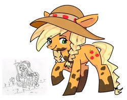Size: 1424x1114 | Tagged: safe, artist:lauren faust, artist:mikey_pony, character:applejack, species:earth pony, species:pony, alternate hairstyle, braid, braided pigtails, clothing, concept art, cute, female, garden, gardening, hat, jackabetes, mare, mud, muddy, simple background, solo, sun hat, white background