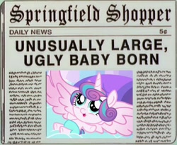 Size: 720x589 | Tagged: safe, artist:wrath-marionphauna, edit, edited screencap, screencap, character:princess flurry heart, species:alicorn, species:pony, blackletter, drama, female, flurry heart drama, funny as hell, meme, newspaper, newspaper headline, op is a duck, op is trying to start shit, solo, spread wings, the simpsons, wings