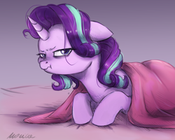 Size: 2259x1806 | Tagged: safe, artist:buttersprinkle, character:starlight glimmer, species:pony, species:unicorn, :t, angry, bags under eyes, bed, blanket, cute, female, floppy ears, frown, glare, glimmerbetes, grumpy, looking at you, madorable, mare, messy mane, misleading thumbnail, morning ponies, nose wrinkle, not a morning pony, prone, scrunchy face, solo, starlight is not amused, unamused