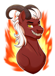 Size: 2171x3000 | Tagged: safe, artist:jack-pie, oc, oc:bakki, species:pony, demon, fangs, fire, horns, simple background, smiley face, solo, transparent background