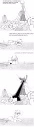 Size: 1106x4082 | Tagged: safe, artist:dsb71013, oc, oc only, oc:night cap, species:earth pony, species:pony, bag, butt, comic, dialogue, duo, energy blast, energy weapon, grayscale, laser, lying down, male, monochrome, monster, on side, plot, saddle bag, stallion, tentacles, vine, weapon
