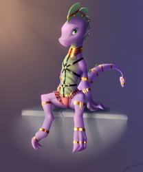 Size: 2500x3000 | Tagged: safe, artist:shido-tara, character:spike, species:dragon, bondage, clothing, crossdressing, gold, harness, jewelry, neck rings, necklace, ring, simple background, skirt, smiling, solo, tack