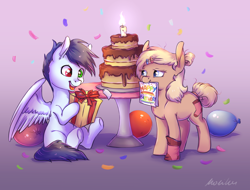 Size: 4372x3319 | Tagged: safe, artist:buttersprinkle, oc, oc only, oc:slipstream, oc:sock, species:earth pony, species:pegasus, species:pony, balloon, birthday, birthday cake, cake, clothing, commission, confetti, duo, earth pony oc, food, hairpin, pegasus oc, present, socks, wings