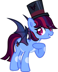 Size: 4843x6000 | Tagged: safe, artist:n0kkun, oc, oc only, oc:red light delight, species:bat pony, species:pony, bat pony oc, bat wings, clothing, fangs, female, grin, hat, magician, mare, markings, multicolored hair, raised hoof, simple background, smiling, solo, top hat, transparent background, wings