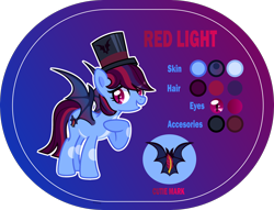 Size: 3000x2289 | Tagged: safe, artist:n0kkun, oc, oc only, oc:red light delight, species:bat pony, species:pony, bat pony oc, bat wings, clothing, fangs, female, gradient background, grin, hat, magician, mare, markings, multicolored hair, raised hoof, reference sheet, smiling, solo, top hat, wings