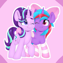 Size: 4000x4000 | Tagged: safe, artist:partylikeanartist, character:starlight glimmer, oc, oc:cosmic spark, species:pony, species:unicorn, absurd resolution, bow, canon x oc, clothing, crying, cute, duo, eye clipping through hair, eyebrows, eyebrows visible through hair, glimmerbetes, hair bow, hoof around neck, hug, looking at each other, one eye closed, side by side, smiling, socks, striped socks, tears of joy, teary eyes, walking, wingding eyes, wink