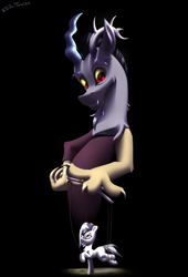 Size: 1700x2500 | Tagged: safe, artist:shido-tara, character:discord, oc, oc:boo, fallout equestria, fallout equestria: project horizons, canon x oc, fanfic art, puppet, simple background, smiling