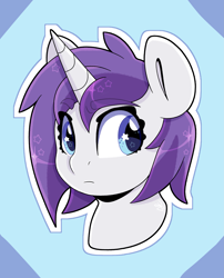 Size: 3235x4000 | Tagged: safe, alternate version, artist:partylikeanartist, oc, oc:indigo wire, species:pony, species:unicorn, alternate design, alternate hairstyle, bust, eyebrows, eyebrows visible through hair, high res, looking away, portrait, simple background, solo, sticker, wingding eyes